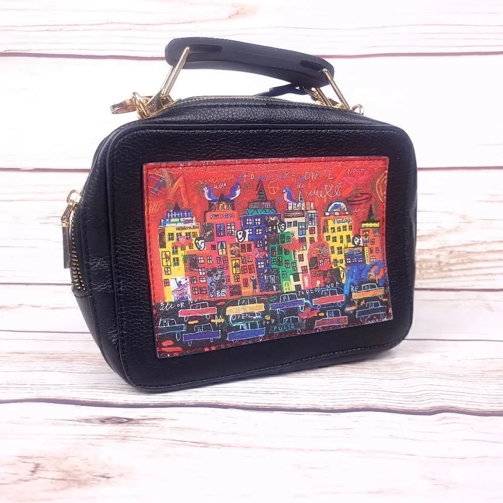 Derimod Small Black Red Faux Leather Crossbody Bag Cityscape Box Purse